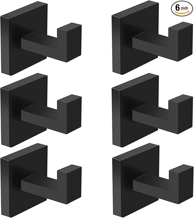 IBosins 6-Pack Bathroom Towel Hooks Hand Towel Holder Heavy Duty Stainless Steel Towel Hanger Robe Hat Coat Hooks for Wall of Livingroom Bedroom Kitchen Closet (Square Matte Black)