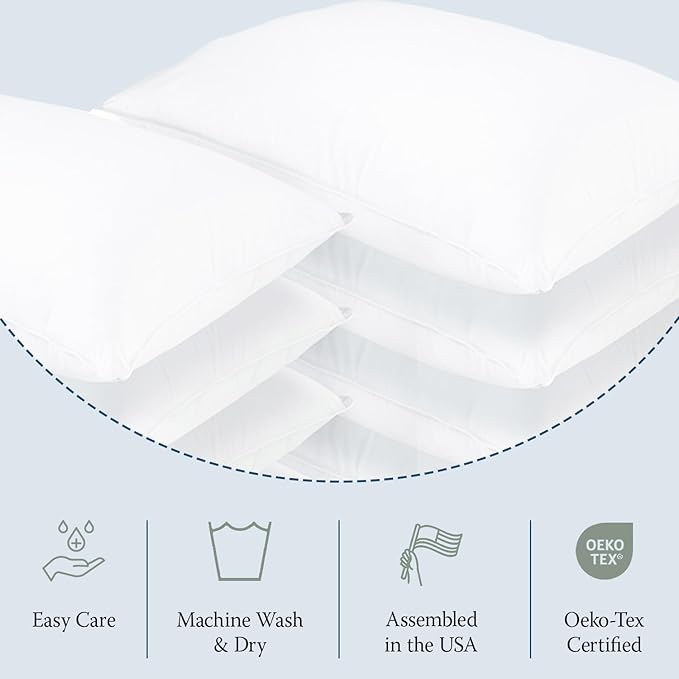 DOWNLITE 10-Pack Set of Hotel Style Hypoallergenic Down Alternative Bed Pillows – Standard/Queen Jumbo Size, 20” x 28” – Soft/Medium Density, for Stomach & Back Sleepers – Machine Washable & Dryable