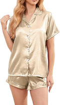 Women's Comfy Satin Pajamas - Soft Button-Up Shirt & Ruffled Adjustable Drawstring Shorts - Elegant Sliky Pjs