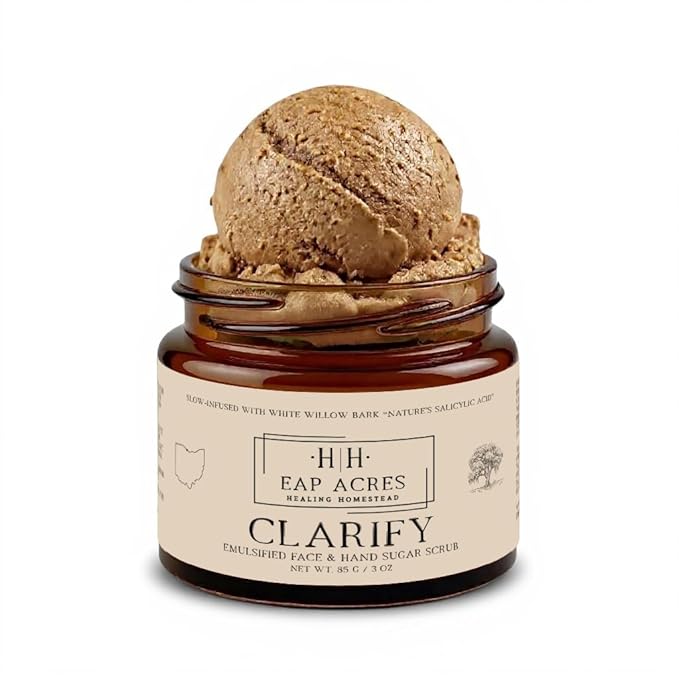 Emulsified Face Sugar Scrub, Organic squalane oil/Castor oil: Chamomile & White Willow Bark, Rhassoul Clay, Kokum Butter, Manuka Honey-Gentle exfoliant: Dry/Sensitive/Acne-Prone (CLARIFY)