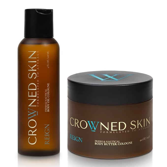 Crowned Skin Reign Body Butter Cologne and Body Oil Cologne Bundle | Moisturizing Skin Care Set with Fresh & Nautical Pink Pepper & Bergamot Scent | Natural Shea & Mango Butters | All-Day Fragrance