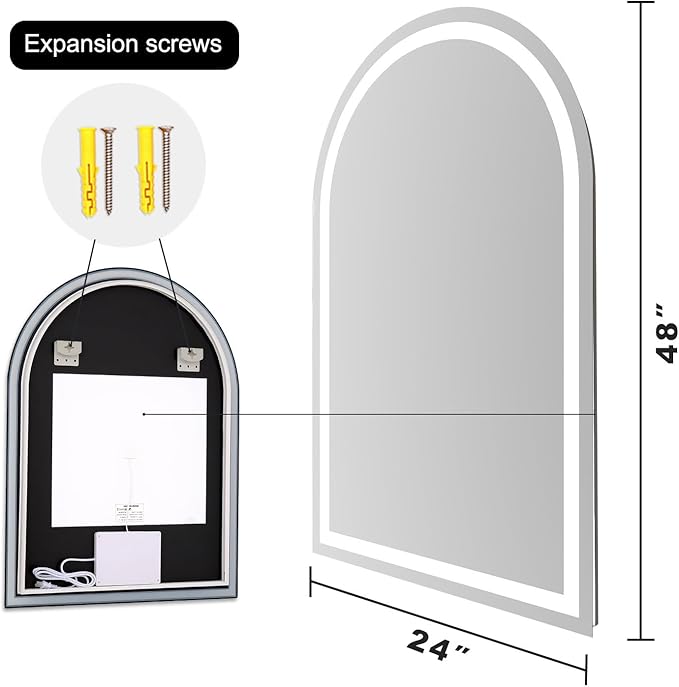 LED Bathroom Mirrors with Lights 24"x48" Arched Mirror for Wall,Led Vanity Mirror, Anti-Fog,LED Mirrors with Front Light and Backlit, Anti-Fog, Dimmable, 3 Color, Shatterproof, Touch Sensor