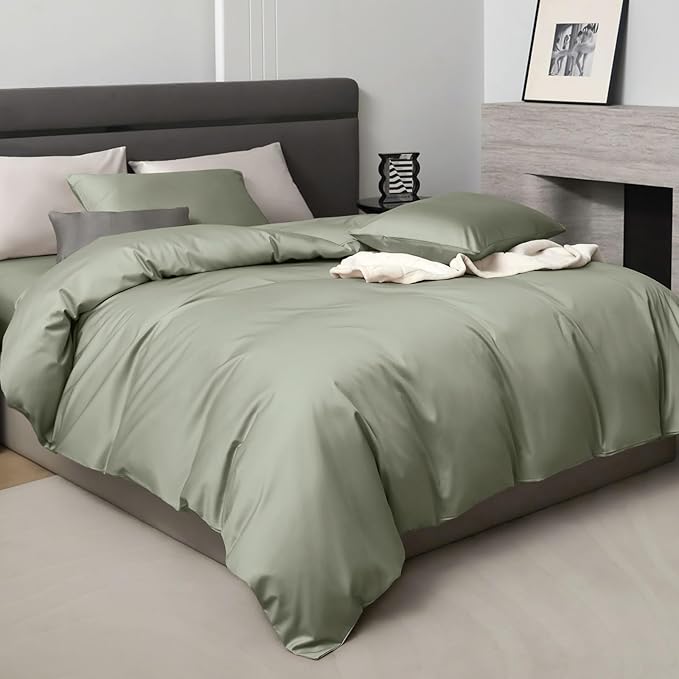 PURE ERA Duvet Cover Set 800 Thread Count Long Staple Cotton Sateen Silky Soft Luxurious Smooth 3 Piece Set Light Olive Green Queen