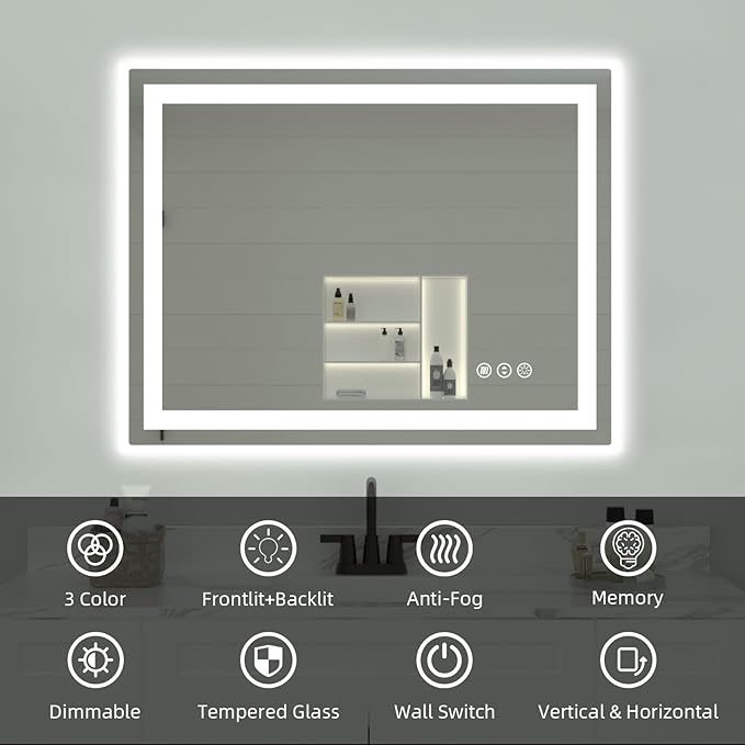40"x 32" LED Bathroom Mirror with Lights, Double Lights Dimmable, Anti-Fog, Front and Backlit LED Mirror for Bathroom, Lighted Bathroom Vanity Mirror with Tempered Glass (Horizontal/Vertical)