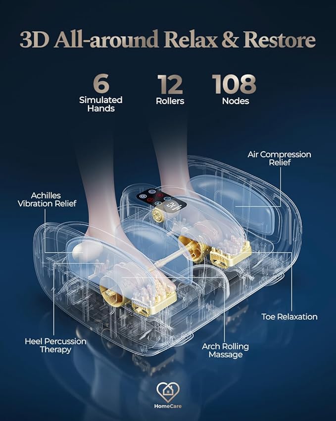 HomeCare Foot Massager with Heat & Ice Therapy, Shiatsu Deep Kneading Compression Foot Massagers for Plantar Fasciitis & Neuropathy Relief, Adjustable Intensity, FCC/CE Certified