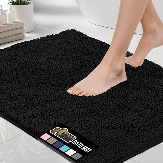 GORILLA GRIP Bath Rug Mat 60x24, Thick Soft Absorbent Chenille, Quick Dry Microfiber Mats, Rubber Backing Washable Shower Floor Rugs, Bathmat Runner, US Designed Bathroom Home Decor Accessories Black