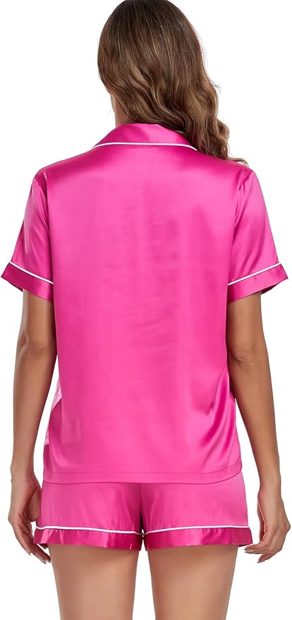 Women's Satin Pajama Set 2-Piece Sleepwear Loungewear Button Down Short Sleeve Silky PJ Set