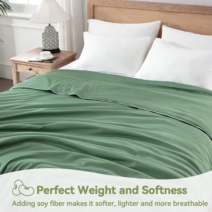 Globon Summer Comforter Queen Size,Luxurious Lightweight Blanket for Hot Sleepers,Natural Bamboo Viscose Shell,Organic Breathable Fill, Double Stitch, Sage Green