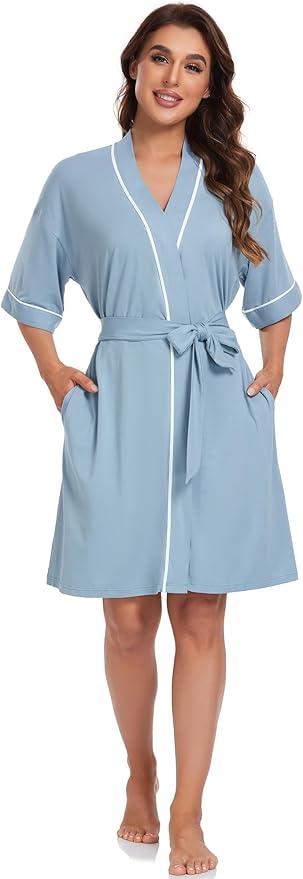 COLORFULLEAF Womens Bamboo Short Robes Lightweight Kimono Cotton Robe Soft Knit Bathrobe Ladies Loungewear with Pockets