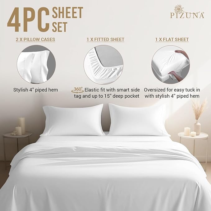 Pizuna Pure 100% Cotton King Size Sheets, 800 Thread Count Long Staple Cotton Crisp Sateen Sheets with 15inch Deep Pocket