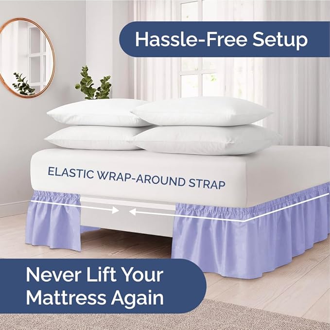 Wrap Around Dust Ruffle Bed Skirt - Lavender - for Full Size Beds with 12 Inch Drop - Easy Fit Elastic Strap - Adjustable Pleated Bedskirt w/Brushed Fabric Wrinkle Free - for Women, Men, Kids & Teens