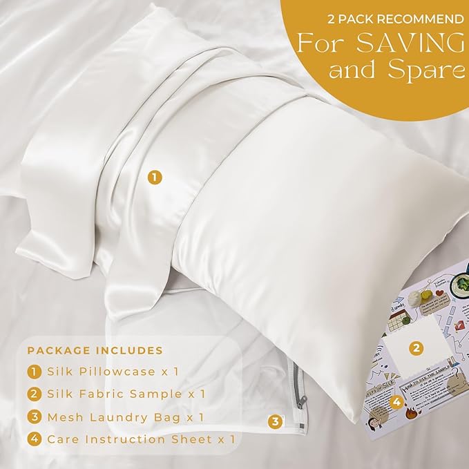 PROMEED 100% Mulberry Silk Pillowcase White with Zipper, Natural 23 Momme Silk Pillow Case for Sensitive Skin, Soft Anti Acne Pillowcase (Standard 20"x26", White)