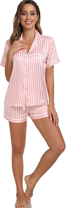 Women's Satin Pajama Set 2-Piece Sleepwear Loungewear Button Down Short Sleeve Silky PJ Set