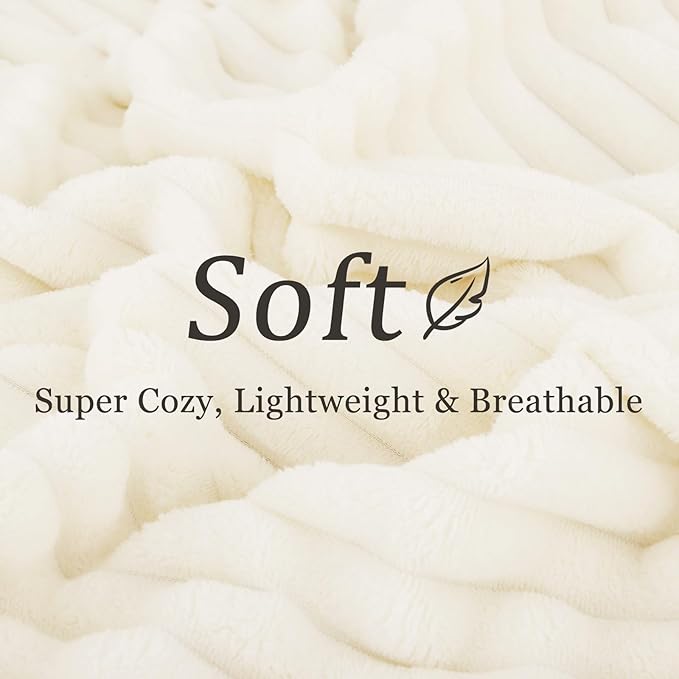decorUhome Christmas Soft Fleece Cream White Throw Blanket for Couch, Cozy Fluffy Plush Flannel Striped Blanket for Sofa Bed, Lightweight Decorative Ribbed Fuzzy Blanket for Woman, 50x60 Inches