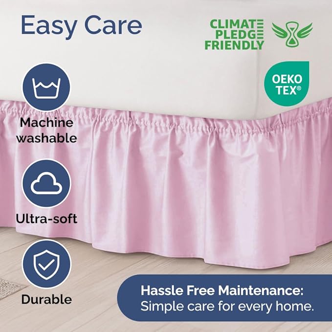 Wrap Around Dust Ruffle Bed Skirt - Light Pink - for King Size Beds with 15 Inch Drop - Elastic Strap - Adjustable Pleated Bedskirt with Brushed Fabric and Wrinkle Free - for Women, Men, Kids & Teens