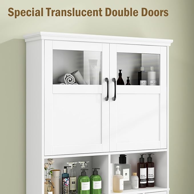 Vabches Freestanding Toilet Storage Cabinet with Double Doors, Shelf Space Saver, Anti-Tip Design & Adjustable Shelf, White