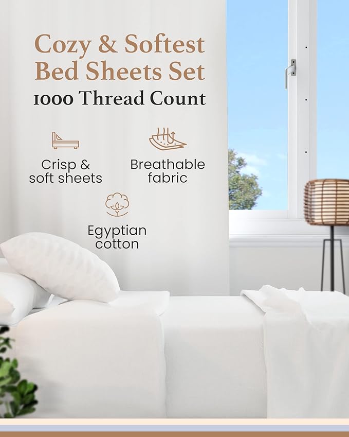 Good Sleep Bedding King Size Sheets Set - 4 Pc, 100% Egyptian Cotton, 1000 TC 16" Deep Pocket King Sheet Set, Soft & Breathable, Sateen Weave with Pillowcases - White