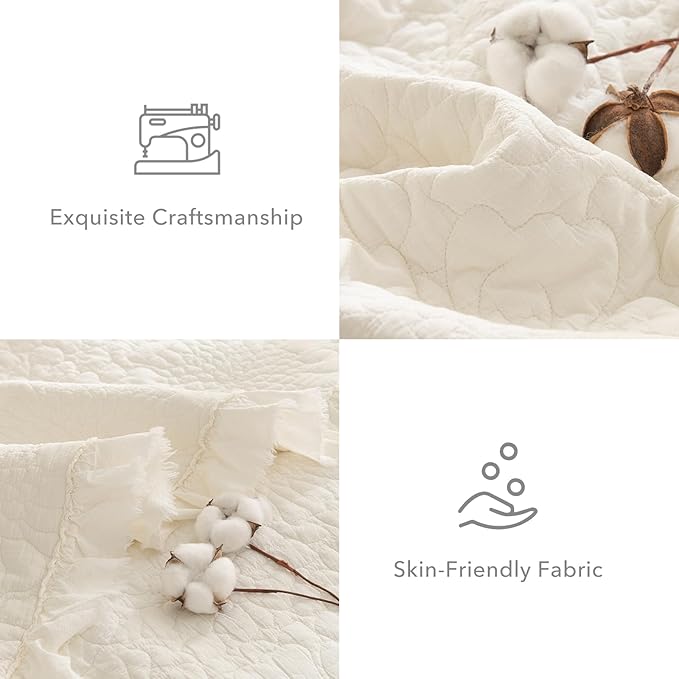 QSH Milk White Stonewashed Cotton Oversized King Quilt Bedspread Set(128"x120"),3PCs Farmhouse Ruffled Bedspread California King, Soft Lightweight Shabby Crinkled Quilt Coverlet Bed with Pillow Shams
