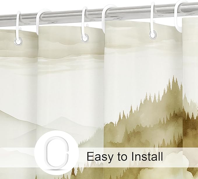 Yellow Extra Long Misty Pine Forest Shower Curtain 72 x 84, XL Mountain Foggy Woodland Scenery Tree Shower Curtains for Bathroom, Abstract Waterproof Nature-Themed Decor