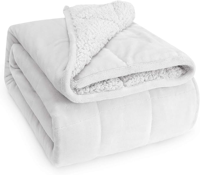 Wemore Sherpa Fleece Weighted Blanket for Adult, 15 lbs Dual Sided Cozy Fluffy Heavy Blanket, Ultra Fuzzy Throw Blanket with Soft Plush Flannel Top, 48 x 72 inches, White on Both Sides