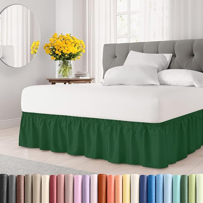 Wrap Around Dust Ruffle Bed Skirt - Emerald - for King Size Beds w/ 12 Inch Drop - Easy Fit Elastic Strap - Adjustable Pleated Bedskirt w/Brushed Fabric - Wrinkle Free - for Women, Men, Kids & Teens