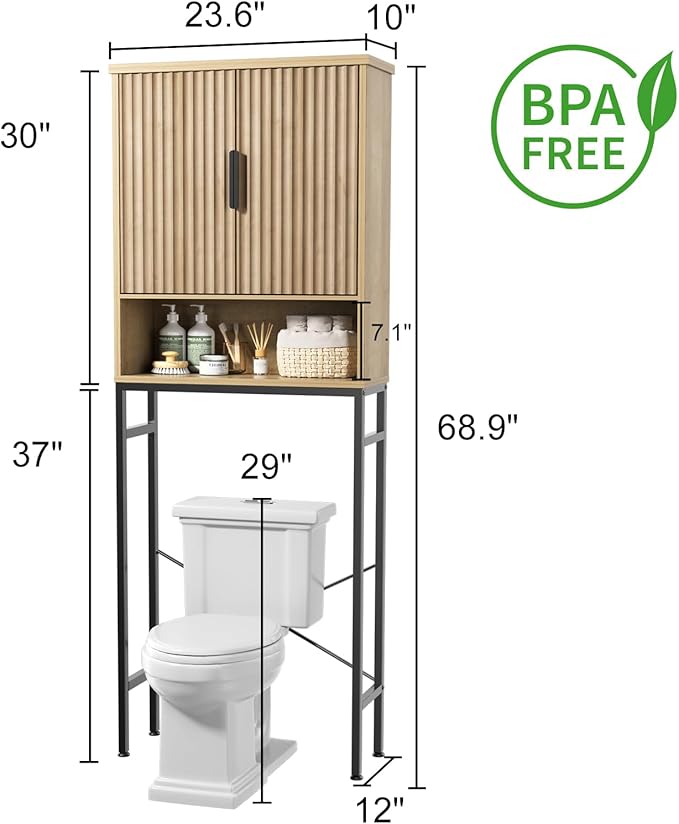 Over The Toilet Storage Cabinet with Fluted Doors and Adjustable Shelf, Tall Bathroom Organizer with Metal Stand Space Saver Over Toilet , Wood Rack for Bathroom, Restroom, Laundry, Natural Oak