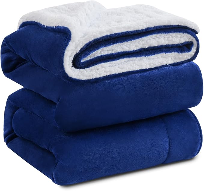KAWAHOME Sherpa Fleece Twin Size Blanket for Bed - Extra Warm and Heavy Thick Blankets for Winter, Super Soft 500GSM Plush Blanket, 66"X 90" Navy Blue