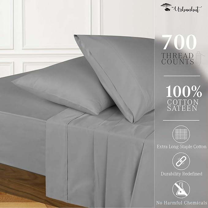 URBANHUT 700 Thread Count Egyptian Cotton Sheets King Size, 4Pc Sheet Set Soft Luxury Bed Sheets for King Size Bed, Sateen Weave Hotel Sheets, 16'' Elasticized Deep Pocket - Dark Grey