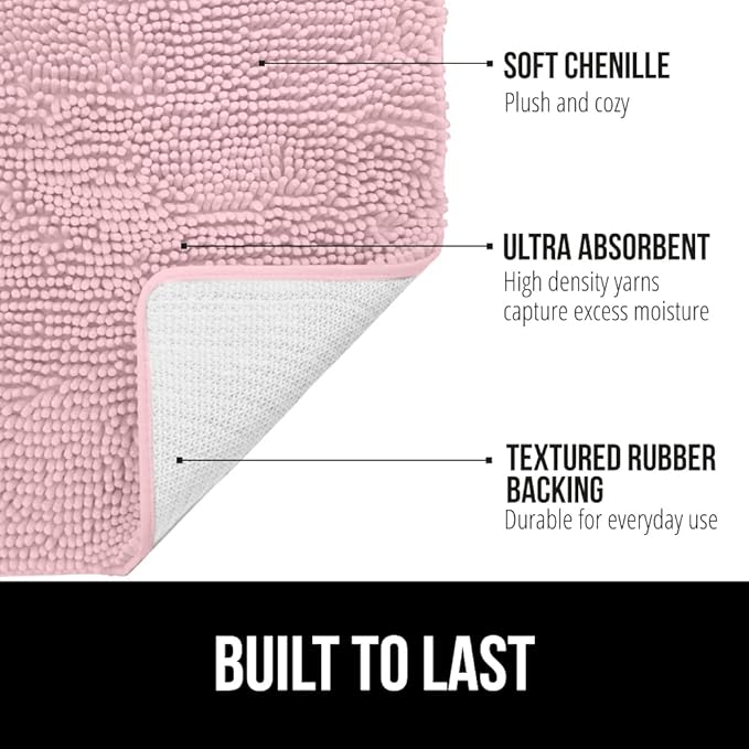 GORILLA GRIP Bath Rug Mat 60x24, Soft Absorbent Chenille, Quick Dry Microfiber Mats, Rubber Backing Washable Shower Floor Rugs, Bathmat Runner, US Designed Bathroom Home Decor Accessories Light Pink