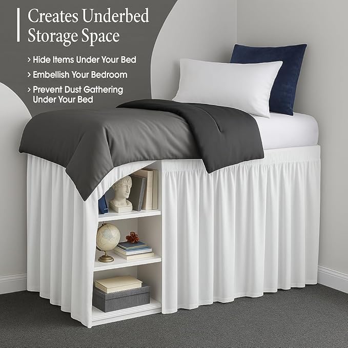 Cottingon Dorm Bed Skirt Twin XL 46" with Split Corners, 100% Microfiber Soft and Stylish, College Room Essential, Extra Long Dust Ruffle for Extended Beds, White