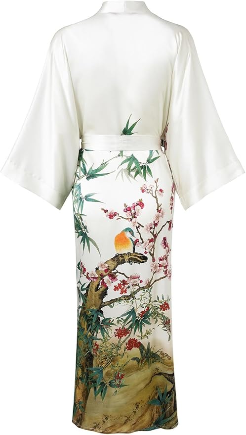 Women's Silk Kimono Robe Long Bathrobe Nightgown 100% Mulberry Silk for Women - Classic Floral Pattern