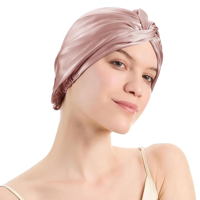 Silk Bonnet for Sleeping Women, 100% Mulberry Silk Sleep Cap with Elastic Band, Real Mulberry Shower Cap on Both Sides, Rose Pink
