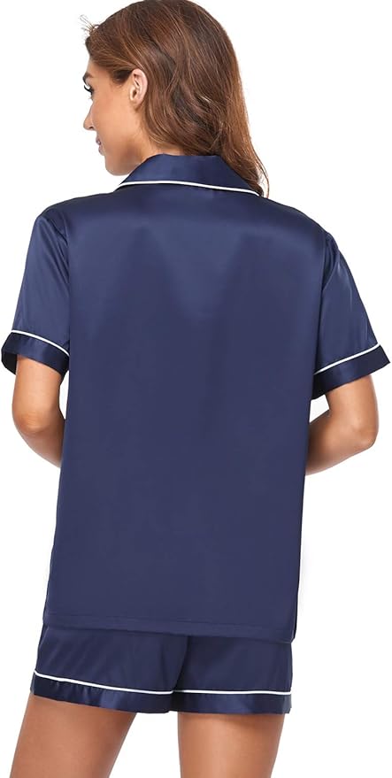 Women's Satin Pajama Set 2-Piece Sleepwear Loungewear Button Down Short Sleeve Silky PJ Set