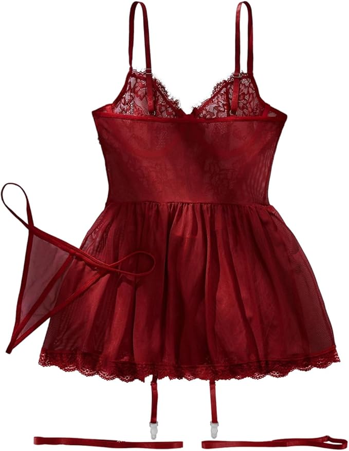 Lilosy Sexy Garter Belt Mesh Lace Babydoll Lingerie Dress Set with Thong