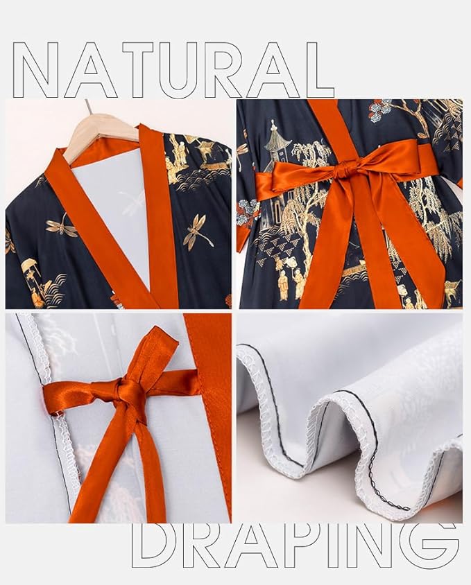 Silk Satin Robe for Women Long Japanese Kimono Robe Lightweight Soft Bathrobe Floral Luxury Dressing Gown