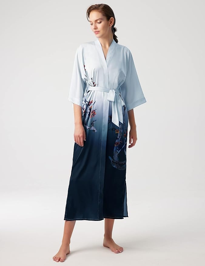 PRODESIGN Kimono Robe for Women - Long Satin Sleepwear Silky Kimono Cover-Up Nightgown Japanese Bathrobe Loungewear Blouse
