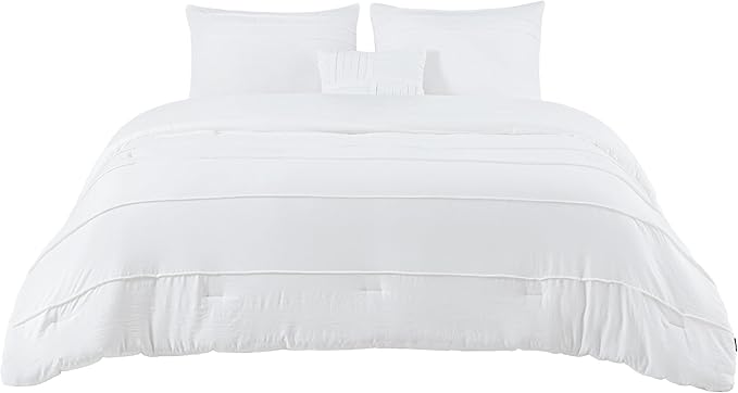 Bedsure King Comforter Set - 4 Pieces Pinch Pleat Bed Set, White Boho Bedding for All Season, 1 Soft Comforter, 2 Pillowcases, 1 Decorative Pillow