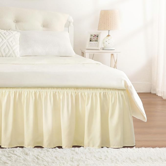 RIMELA Cream Yellow Bed Skirt Queen Size 15 Inch Drop, Elastic Bed Skirting for Bed Base and Frame, Bedding Dust Ruffle Easy to Install, Lightweight Comforter Set with Wrap Around Adjustable Bedskirt