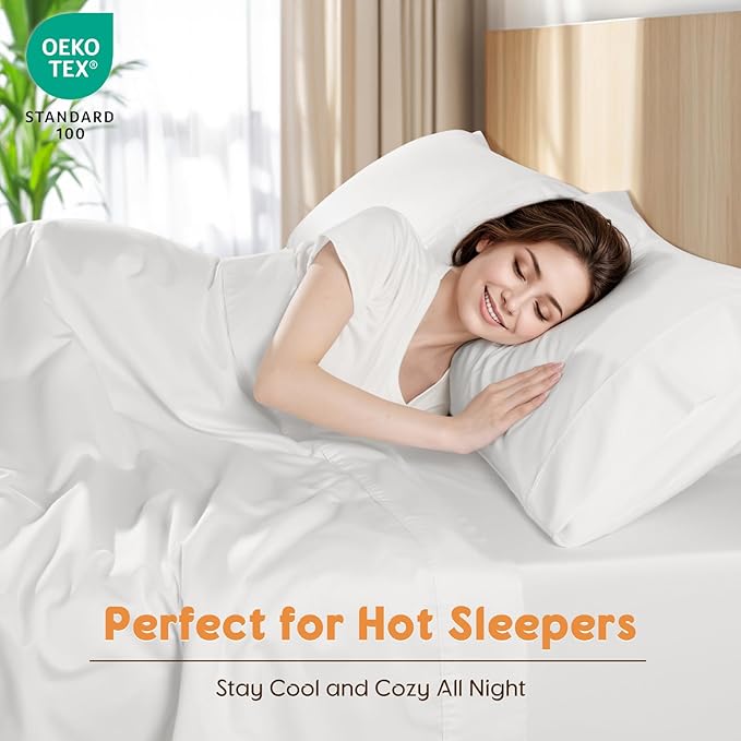 LBRO2M 100% Cotton Sheets Set Queen Size 600 Thread Count 4 Piece Sets Bed Sheet Deep Pocket Up to 16" Soft Comfortable All Season (Queen, White)