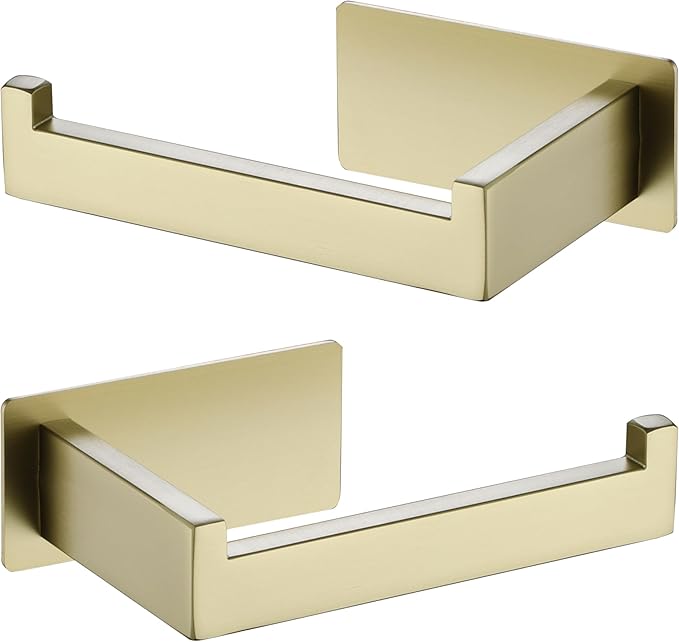 LANC Self-Adhesive Toilet Tissue Roll Holder, Brushed Gold Paper Holder for Bathroom RV Stick On Toilet Tissue Holder with Drill Free Rustproof Stainless Steel Left and Right 2 Pack, A8307BG-LRP2