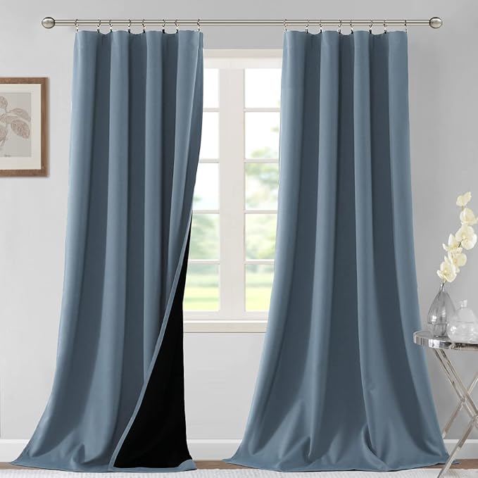 H.VERSAILTEX 100% Blackout Curtains for Bedroom Thermal Insulated Blackout Curtains 108 Inches Long Rod Pocket/Clip Rings Curtains for Living Room with Black Liner 2 Panels, Stone Blue