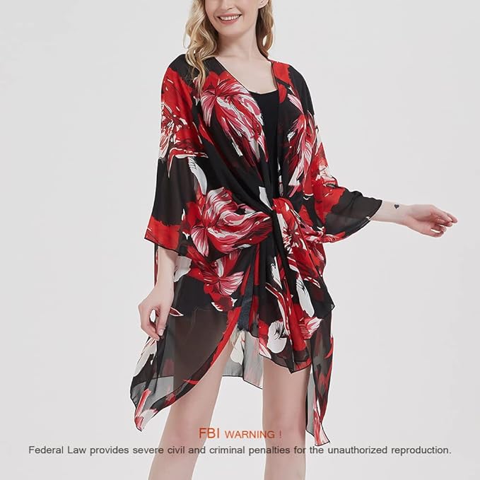Women's Bohemian Floral Chiffon Beach Cover up Swimsuit Kimono Summer Swimwear Cardigans