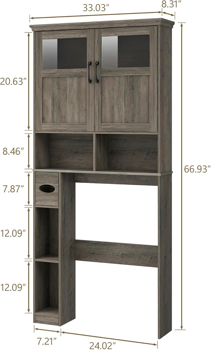 Vabches Over-The-Toilet Storage Cabinet with Double Doors, Toilet Paper Holder Stand & Adjustable Shelf, Freestanding Space Saver, Grey
