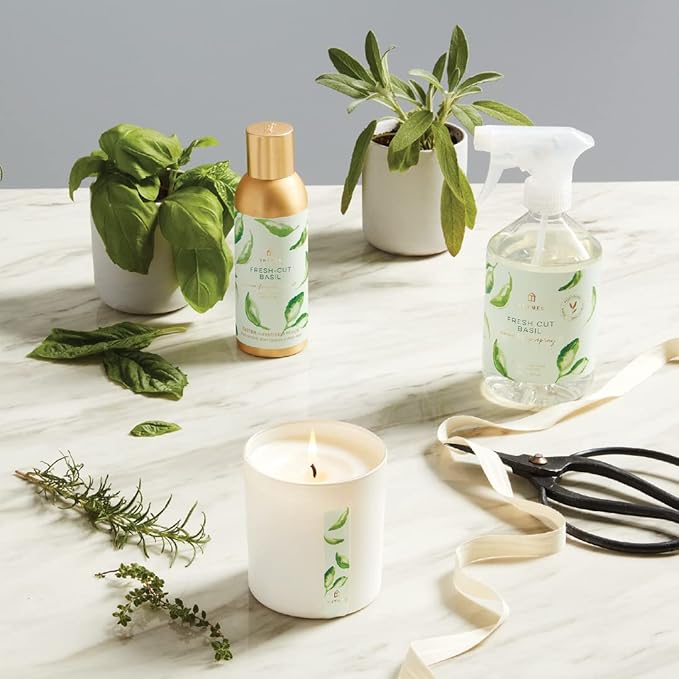 Thymes Scented Candles for Women & Men - Fresh Home Fragrance - Matte White Candles - Notes of Fresh Basil, Tomato Leaf, Sage, Black Currant, Blood Orange, & Petitgrain (Fresh-Cut Basil, 8 oz)