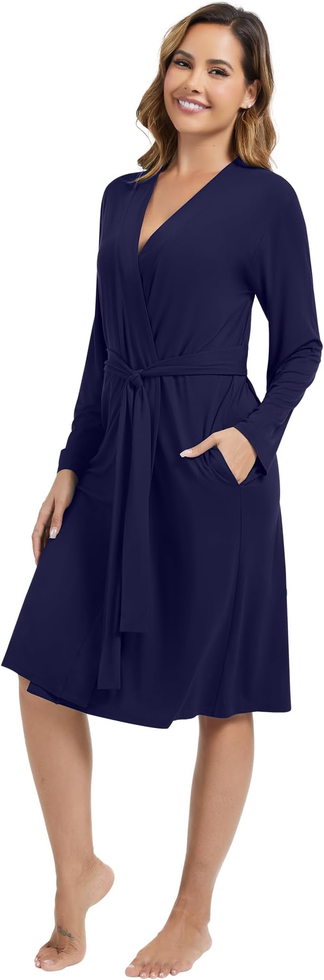 WiWi Women's Robe Long Sleeve Bathrobe with Pockets Soft Kimono Spa Lightweight Robes Bamboo Viscose Loungewear S-XXL