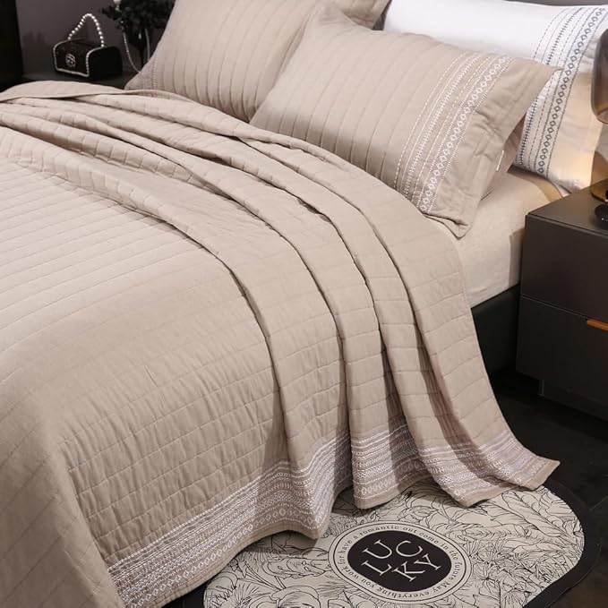 Quilt Set Floral Leaves 3D Embroidery Pattern 2 PCS Cotton Reversible Quilted Embroidered Decorative Bedspreads Coverlet Set, Lightweight &Soft Queen Size Beige Bedding Coverlet for All Season