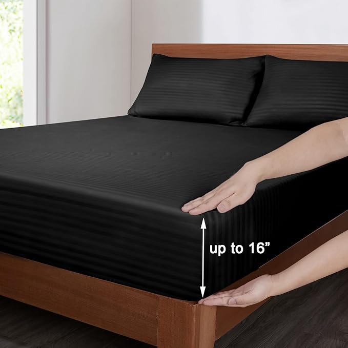 Mejoroom Striped Queen Size Sheet Set - Hotel Luxury 1800 Bedding Sheets & Pillowcases - Deep Pocket Fitted Sheet, Soft, Breathable, Wrinkle & Fade Resistant - 4 Piece (02-Black)