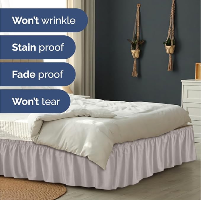 Wrap Around Dust Ruffle Bed Skirt - Light Grey - for Full Size Beds with 12 Inch Drop - Elastic Strap - Adjustable Pleated Bedskirt with Brushed Fabric and Wrinkle Free - for Women, Men, Kids & Teens
