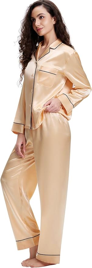 Lonxu Silk Satin Womens Pajama Sets Button Down Sleepwear Loungewear XS~3XL