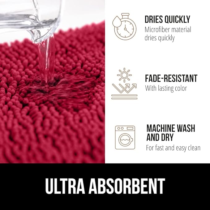 GORILLA GRIP Bath Rug Mat, Thick Soft Absorbent Chenille, Quick Dry Microfiber Mats, Rubber Backing Washable Shower Floor Rugs, Bathmat Runner, US Designed Bathroom Home Decor Accessories 24x17, Red